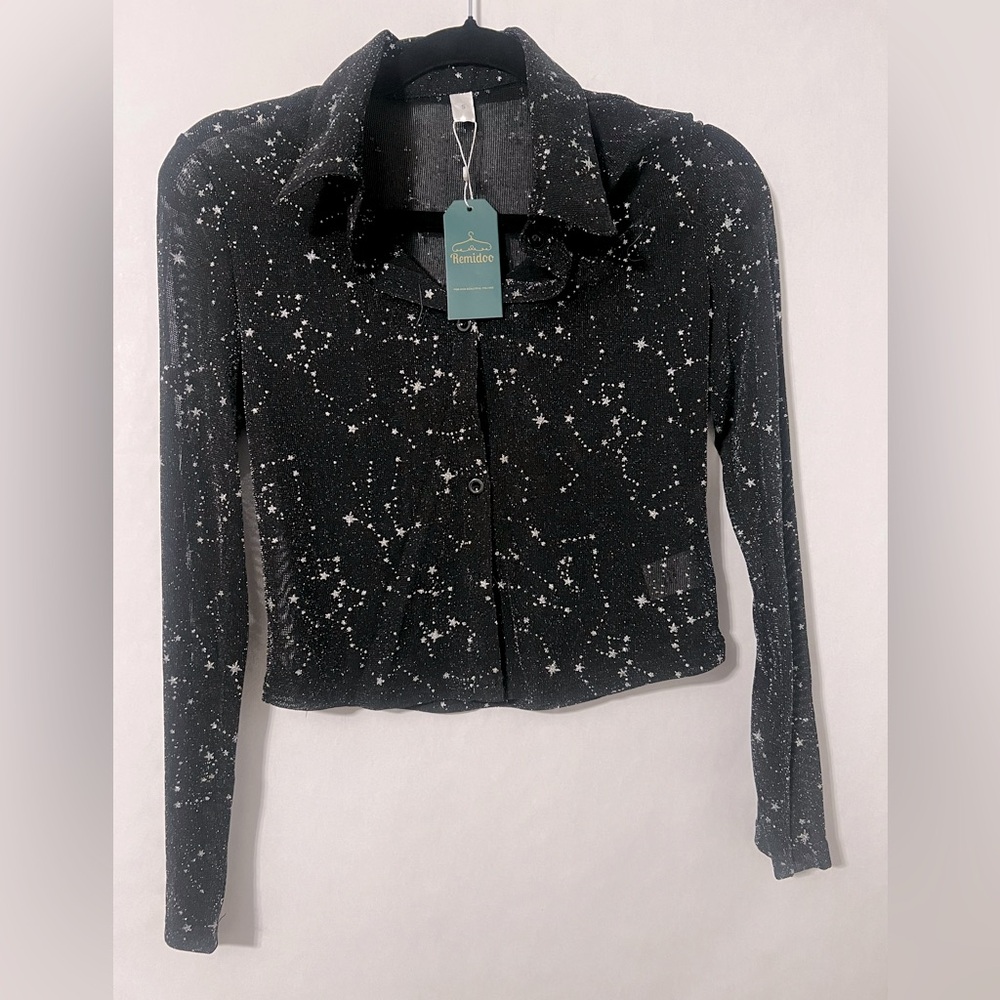 Remidoo Black Constellation Sheer Mesh Button Down Long Sleeve Crop Blouse